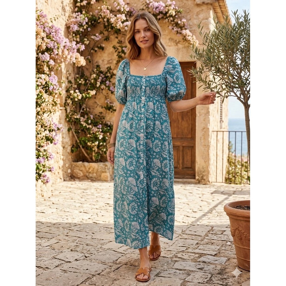 NWT Emerson Fry x Love Tomas Santiago Smocked Cotton Maxi Dress XS/S Puff Sleeve